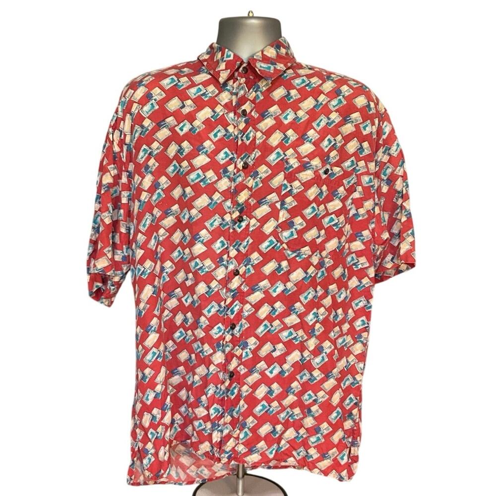 Vintage Volare Red Novelty Postcard Print Short Sleeve Silk Button Down Size L